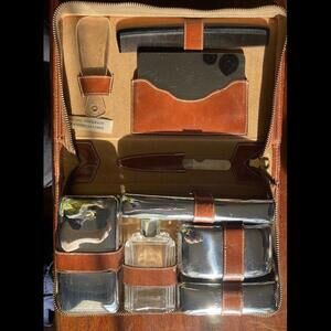 Vintage Mens Travel Grooming Kit, Leather Zipper Case